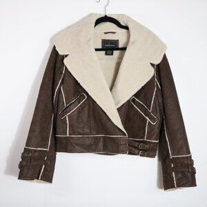 Moda International Vintage Suede Moto Aviator Bomber Sherpa Jacket M Brown Y2K